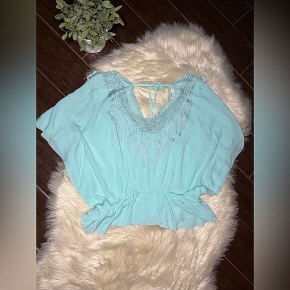 Petrol fringe batwinged blouse sz large - Picture 1 of 8